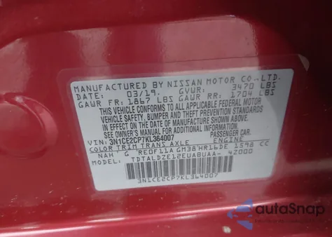 2019 Nissan Versa Note Sv z USA, uszkodzony, nr VIN 3N1CE2CP7KL364007